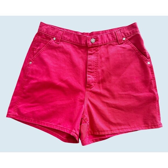Vintage LEE Riveted 90s Red Denim Carpenter High Waisted Shorts Sz 29 - Picture 2 of 8